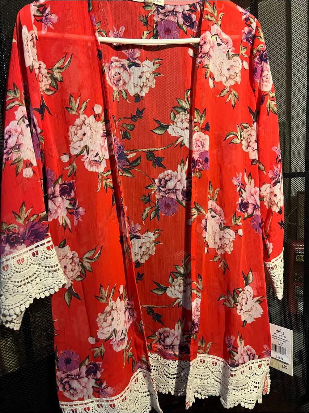 Rewind Red Floral Open Cardigan with Crochet Trim coverup shacket